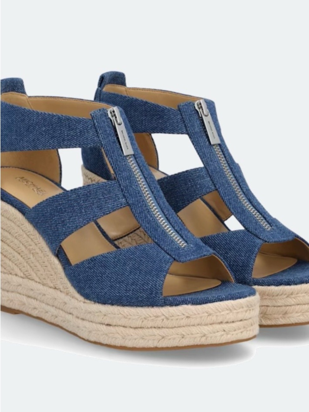 Michael Kors Blue Denim Zip Front Espadrille Wedge Sandals